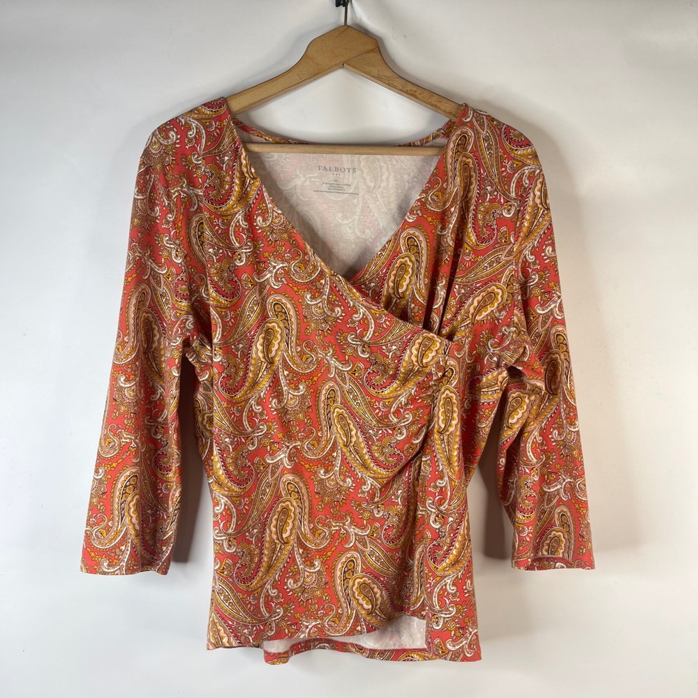 Talbots Faux Wrap Top Women XL Coral Paisley Ruched 3/4 Sleeve Cotton Blend